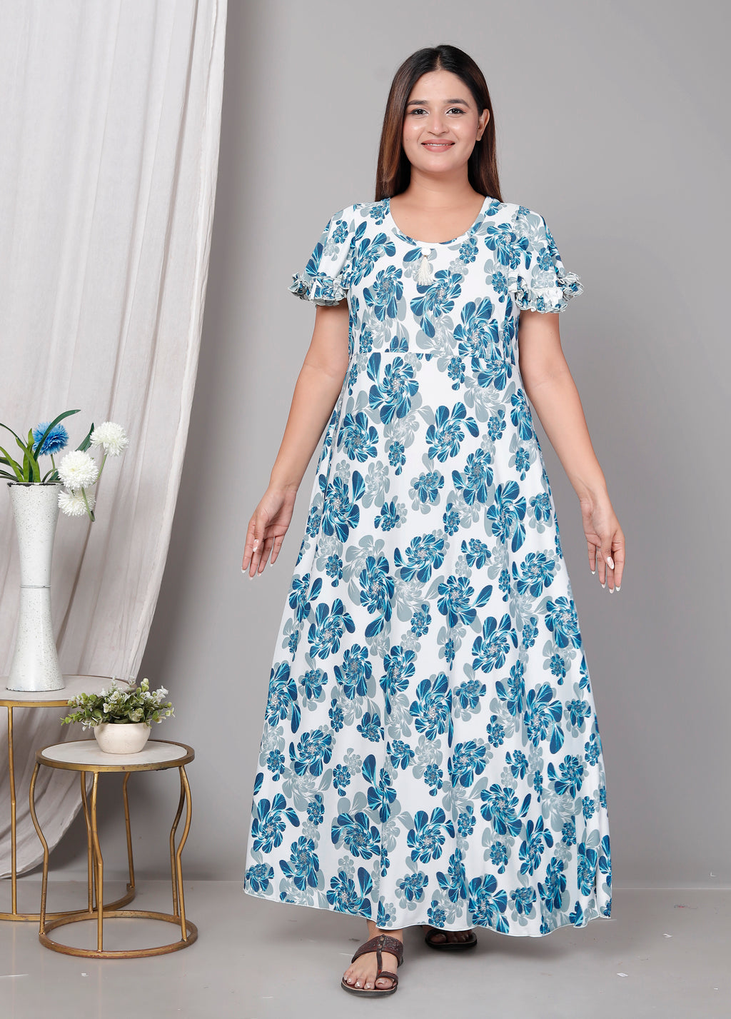 Short Sleeves Cotton Nightgown Blue A-line XL
