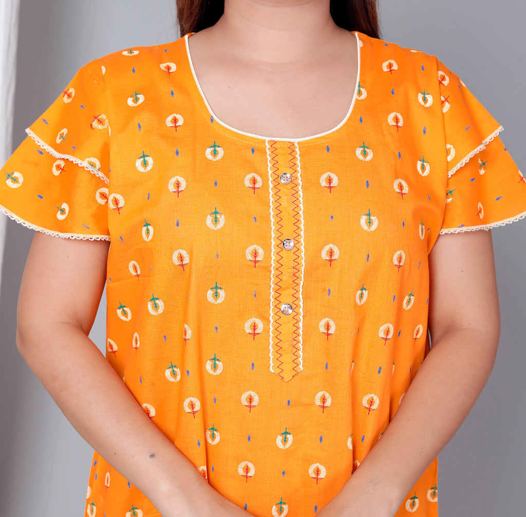 Short Sleeves Cotton Nightgown Yellow A-line XL