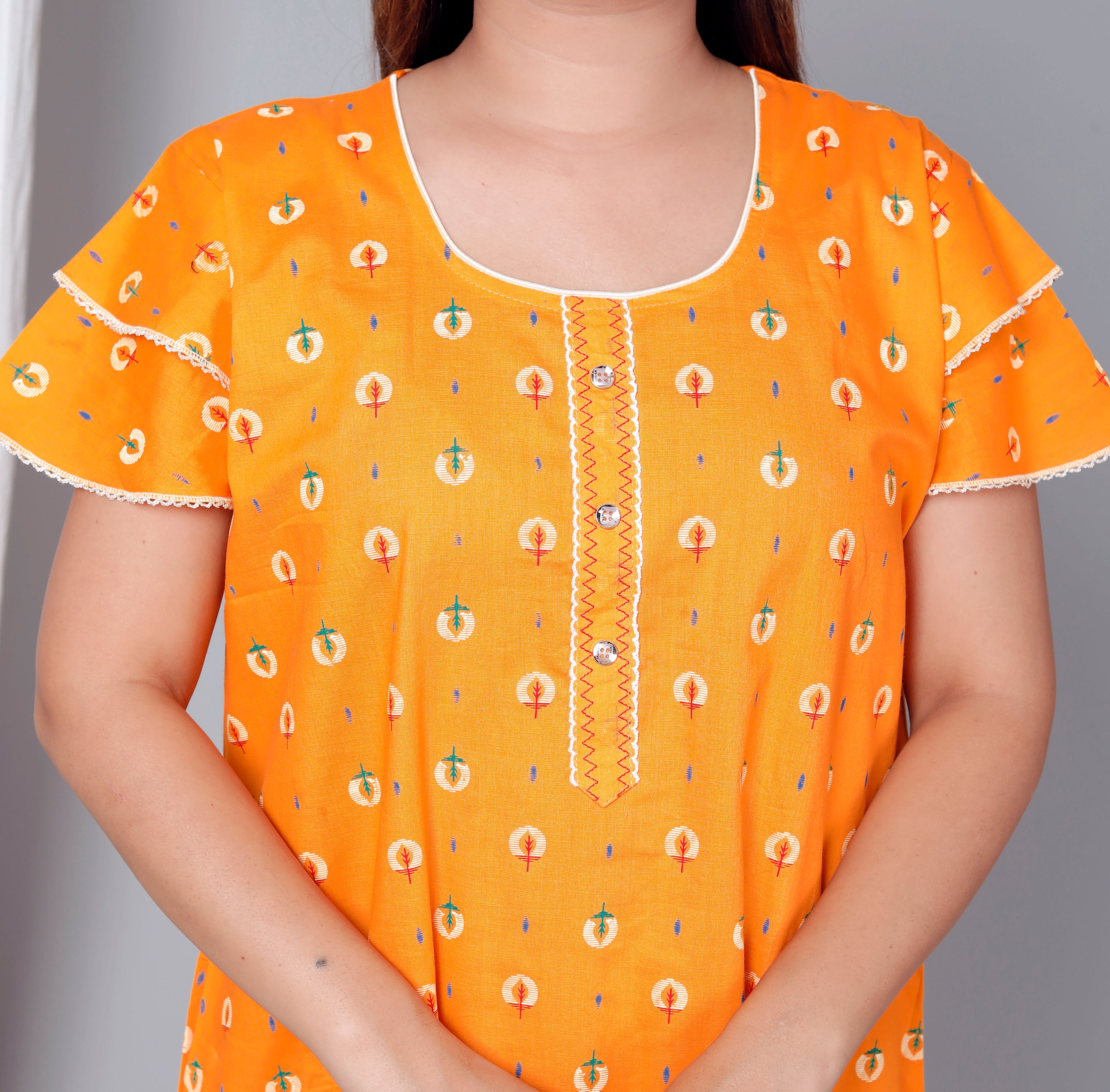 Short Sleeves Cotton Nightgown Yellow A-line XL