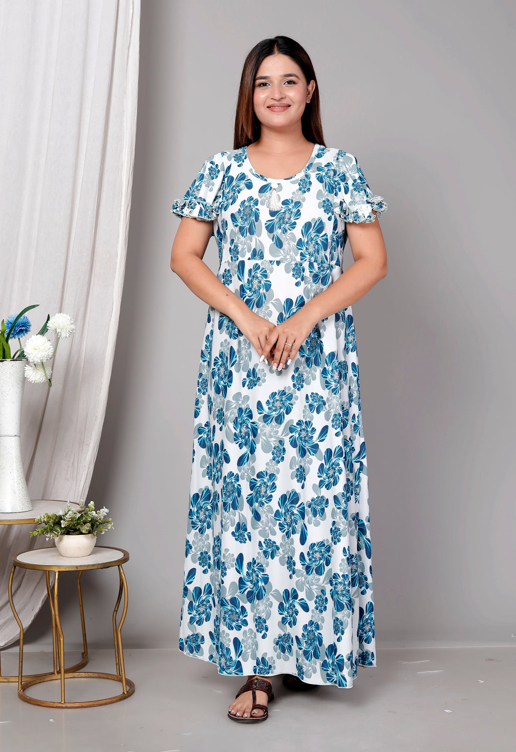 Short Sleeves Cotton Nightgown Blue A-line XL