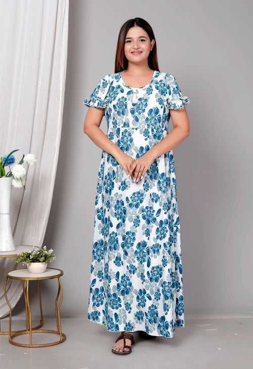 Short Sleeves Cotton Nightgown Blue A-line XL