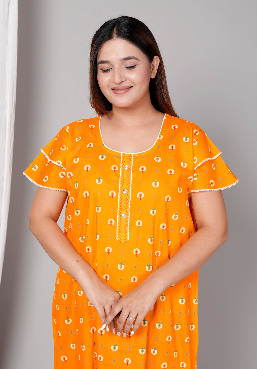 Short Sleeves Cotton Nightgown Yellow A-line XL