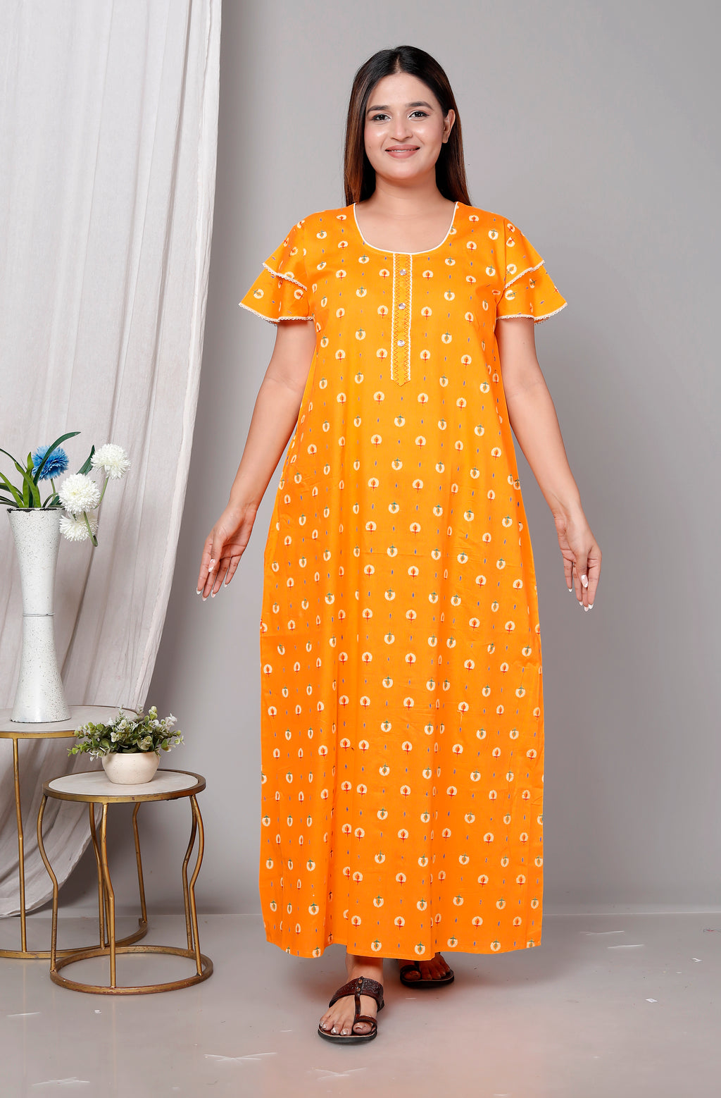 Short Sleeves Cotton Nightgown Yellow A-line XL