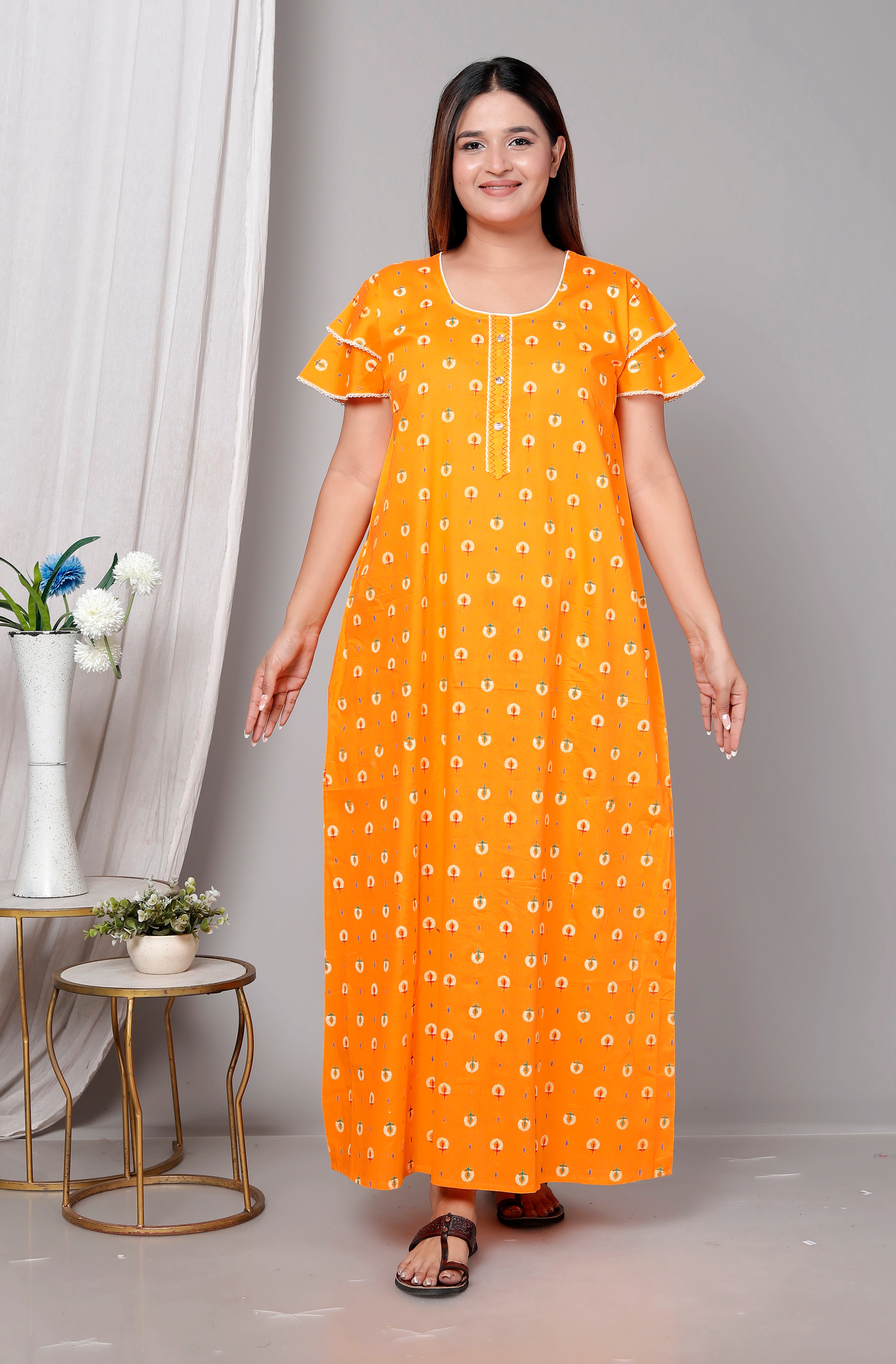 Short Sleeves Cotton Nightgown Yellow A-line XL