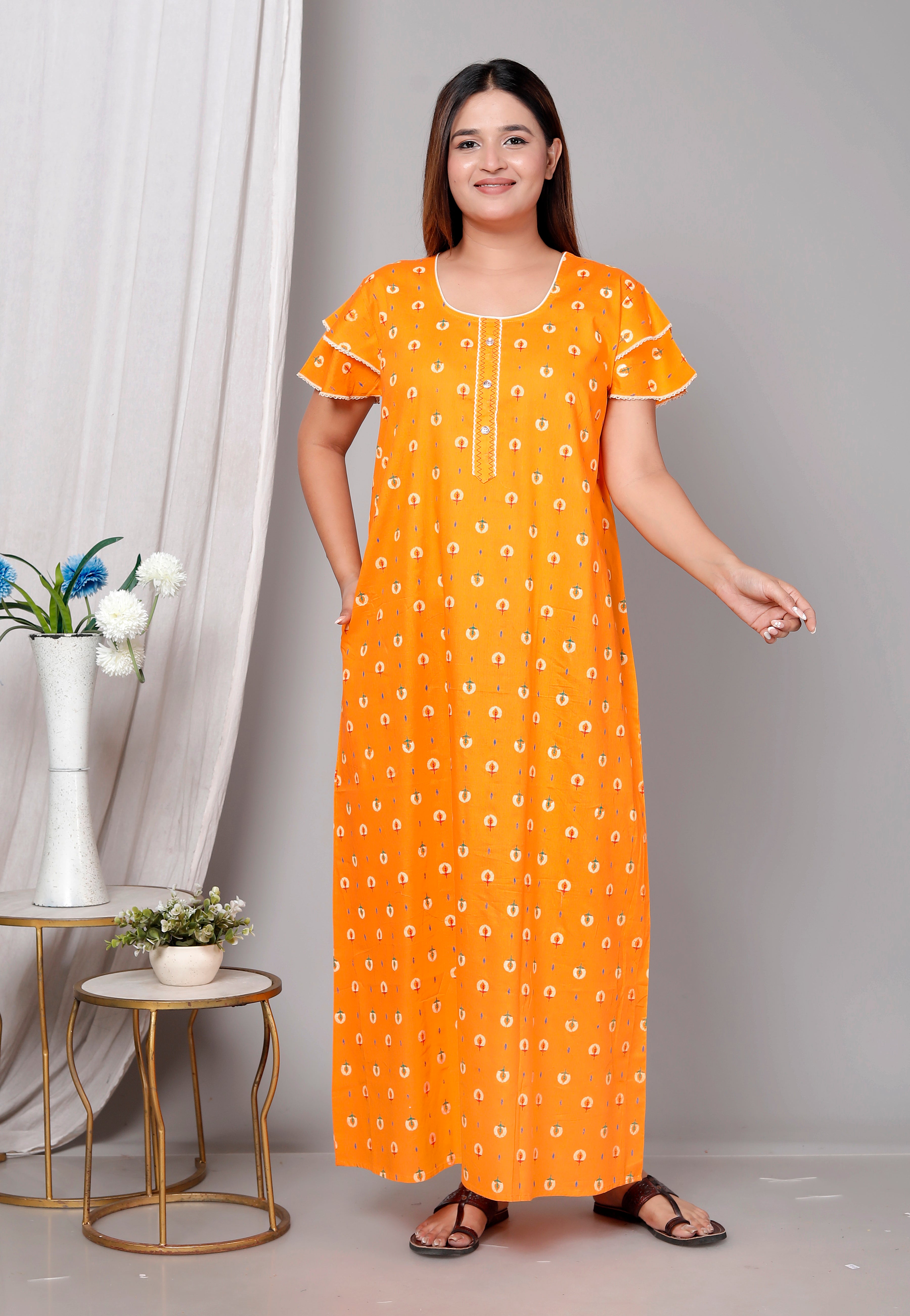 Short Sleeves Cotton Nightgown Yellow A-line XL