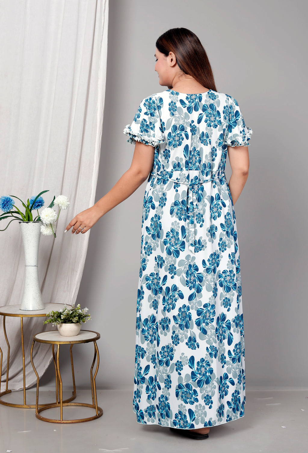 Short Sleeves Cotton Nightgown Blue A-line XL