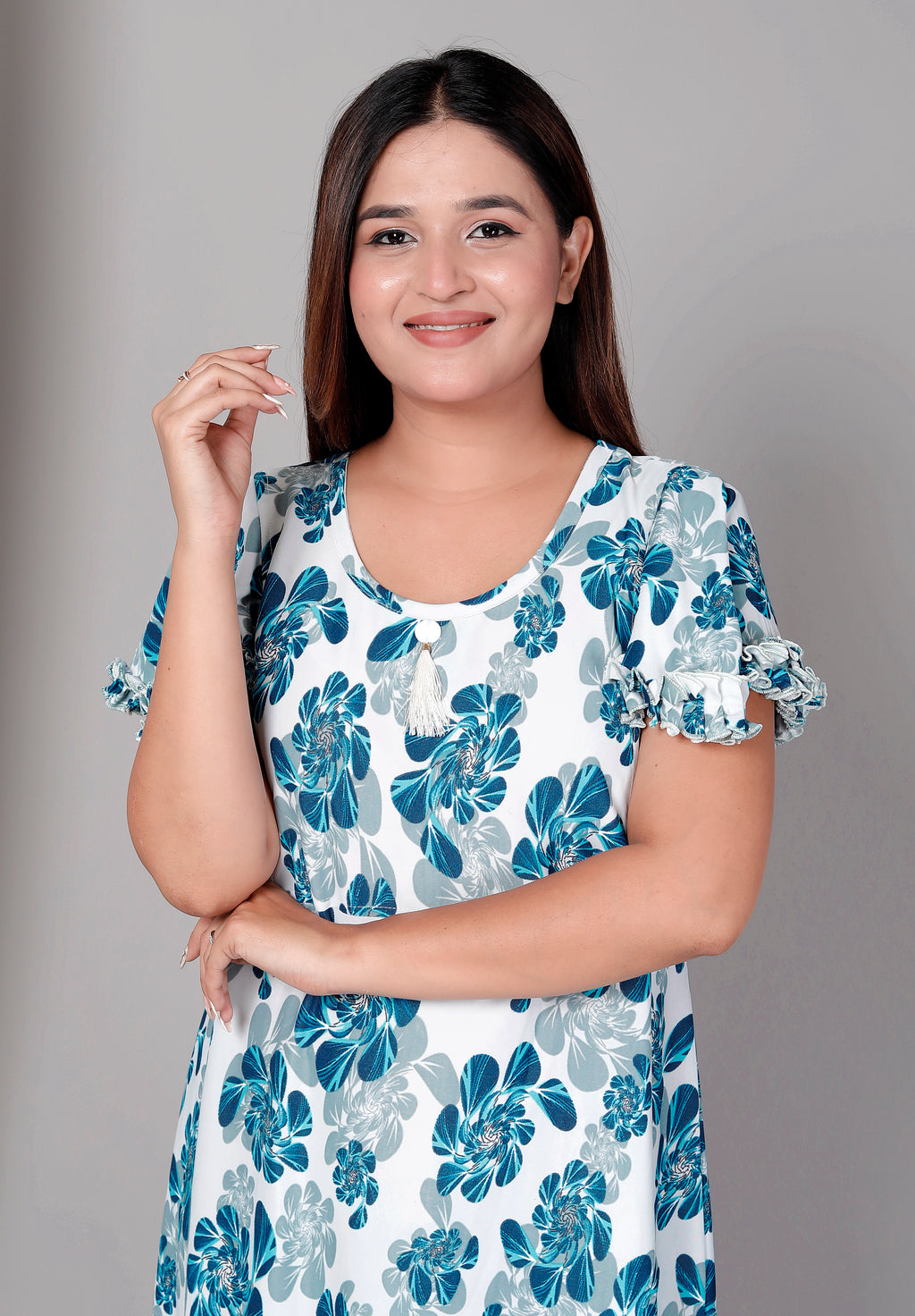 Short Sleeves Cotton Nightgown Blue A-line XL