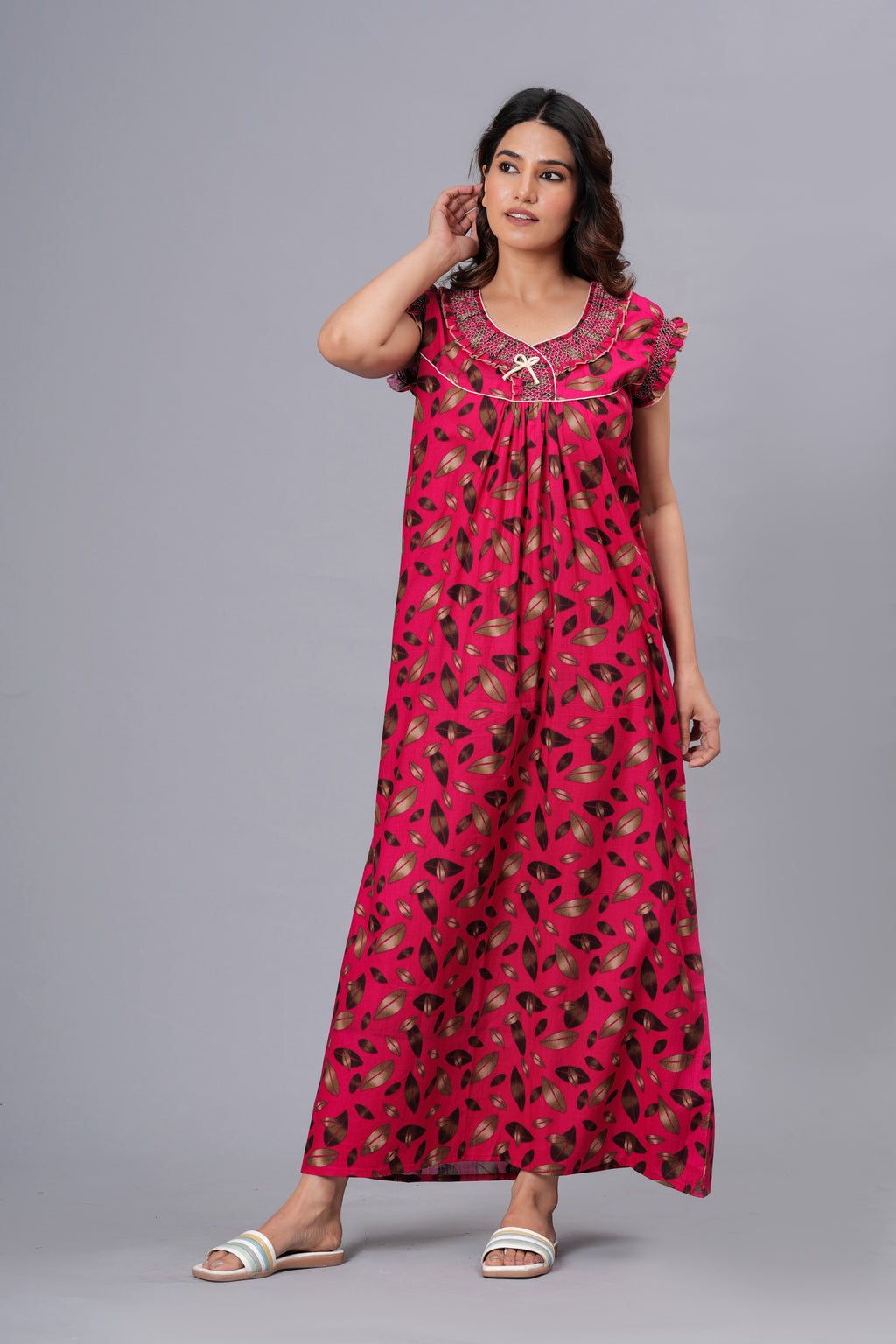 Summer Rani Pink Long Round Neck Cotton Nighty