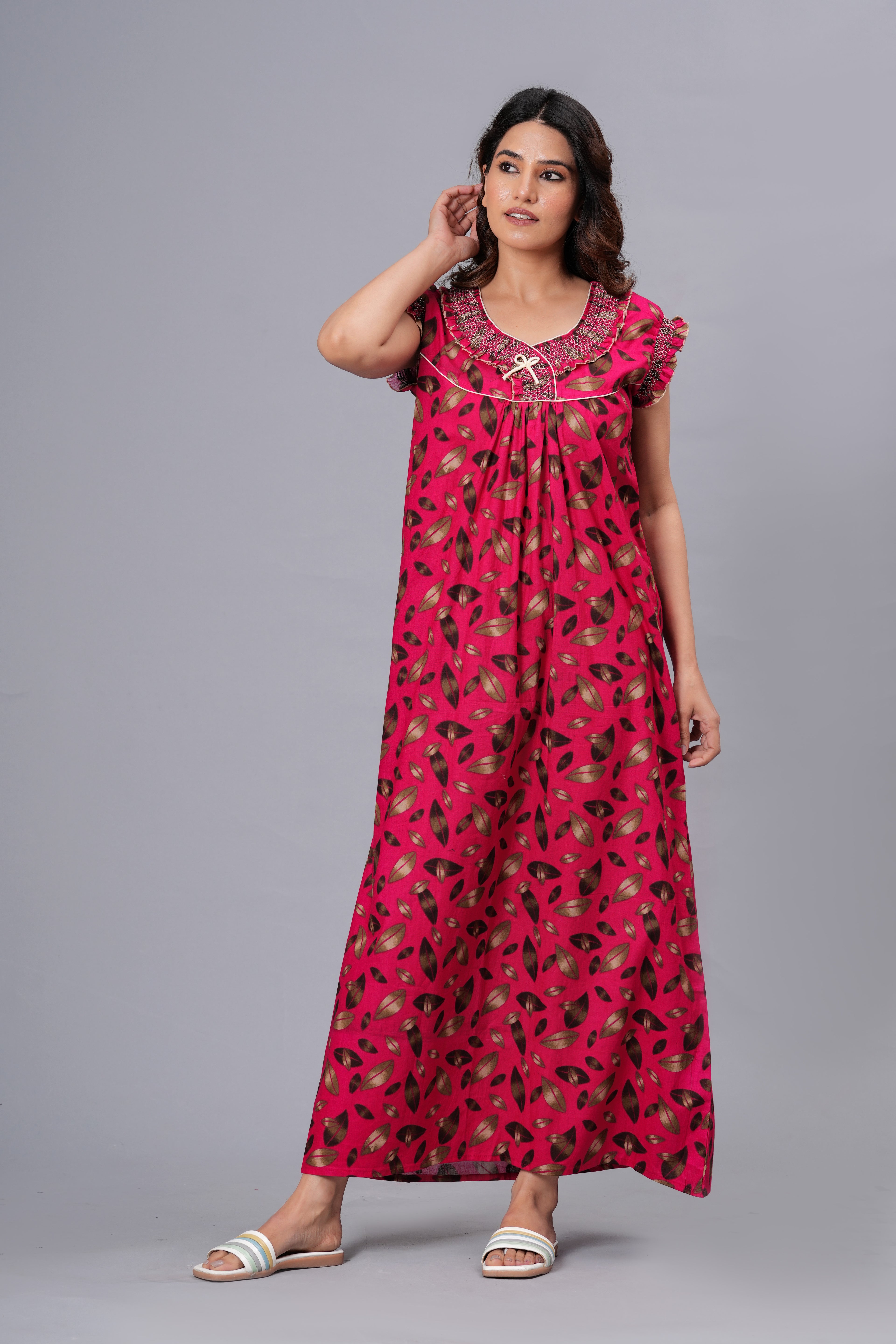 Summer Rani Pink Long Round Neck Cotton Nighty