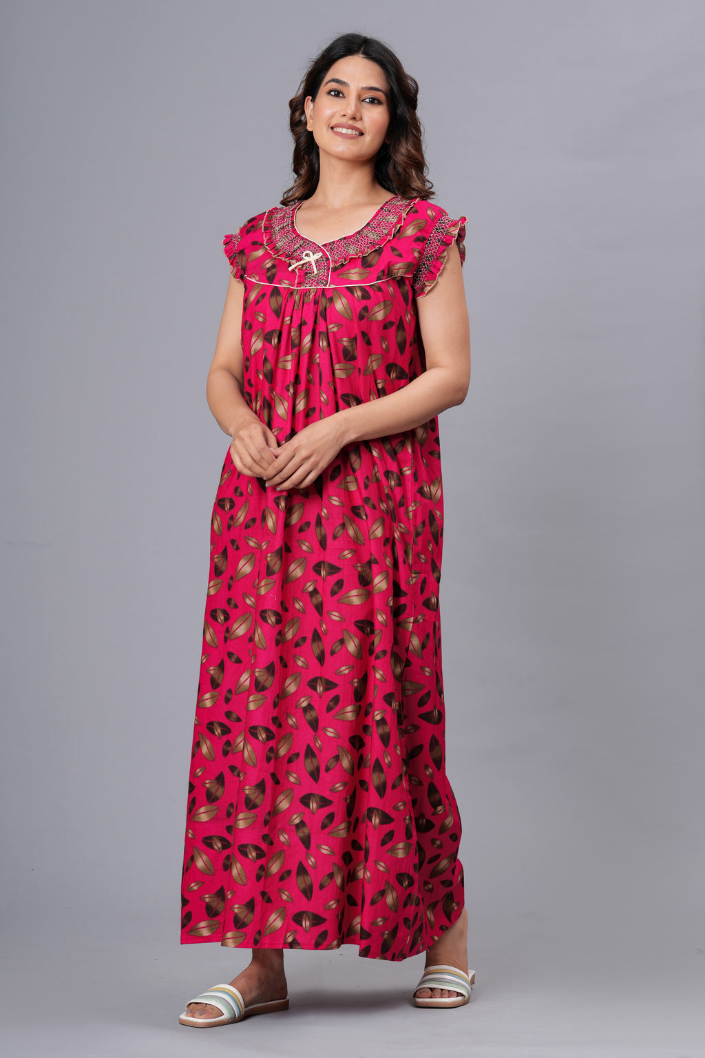 Summer Rani Pink Long Round Neck Cotton Nighty