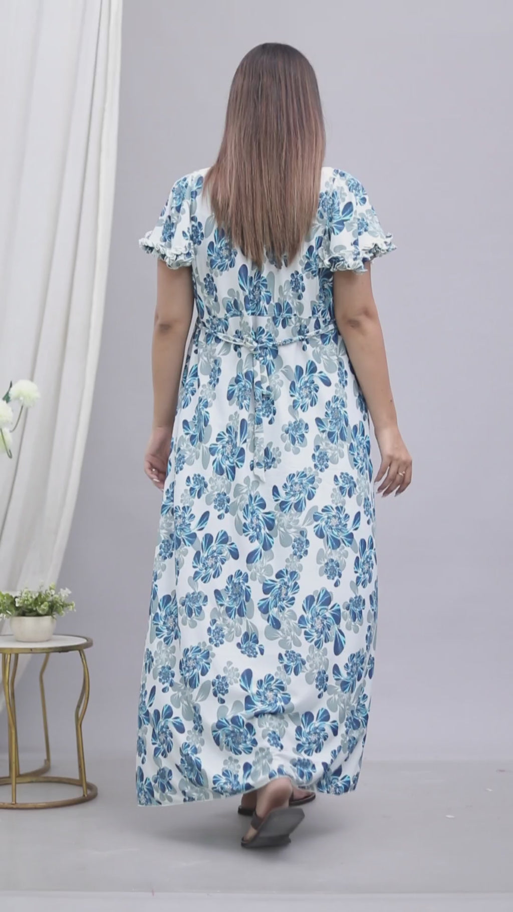 Short Sleeves Cotton Nightgown Blue A-line XL