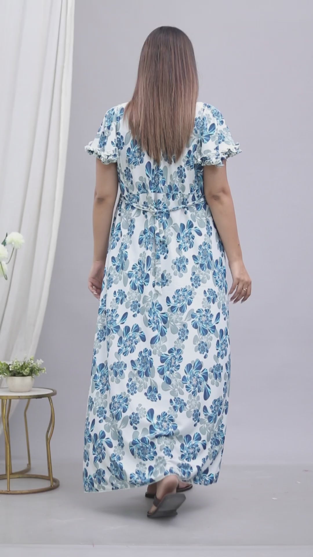 Short Sleeves Cotton Nightgown Blue A-line XL